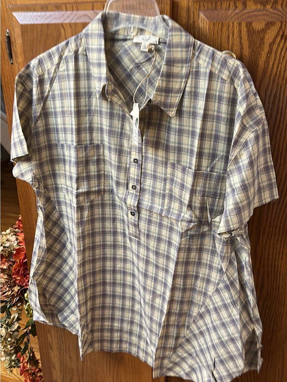 easel Plaid Button Front Short Sleeve Top in Blue and Cream